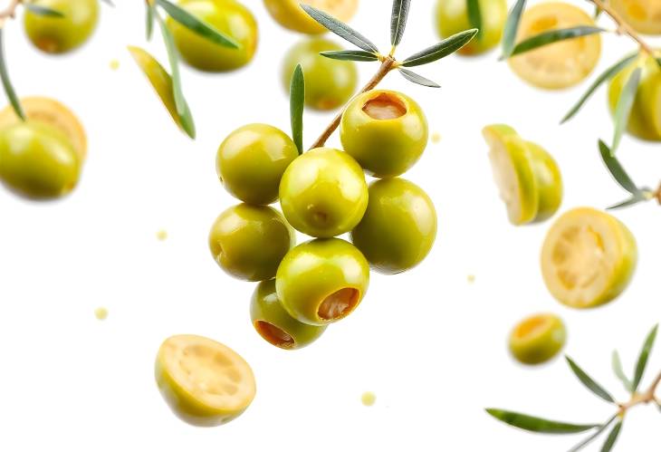 Close Up of Green Olives in MidAir